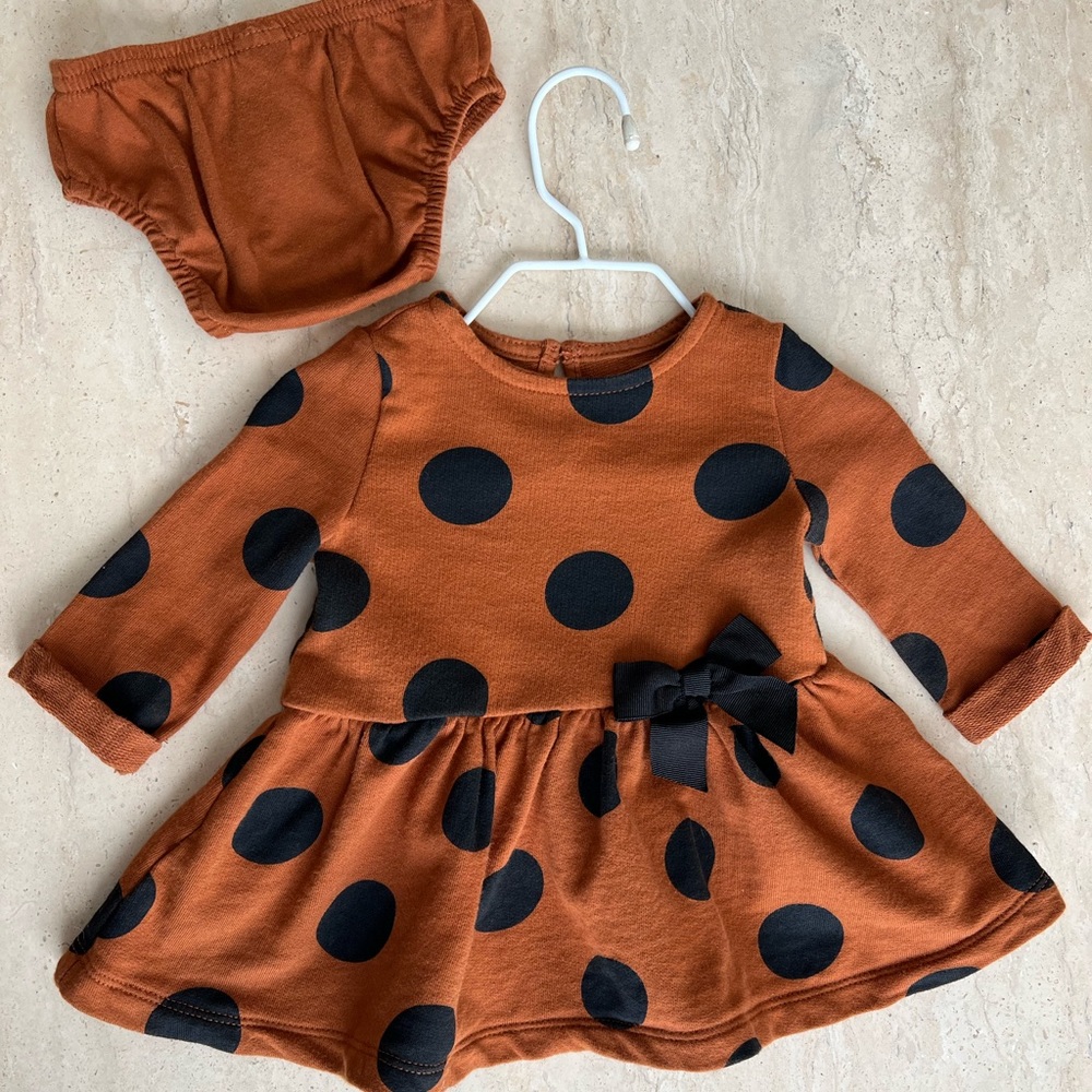 Brown and black polka dot baby dress with bloomers